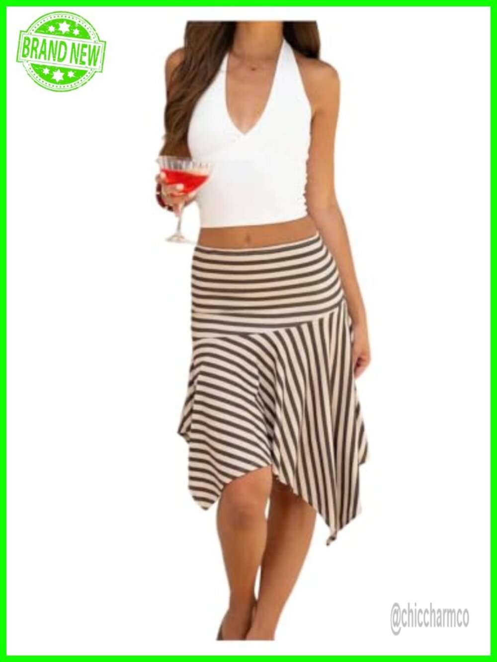 Floerns Women's Striped Asymmetrical Flowy Midi Skirt